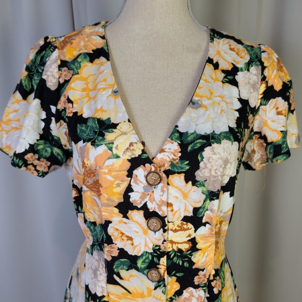 Miss Selfridge Floral Button Front Mini Dress Black Yellow Cottagecore Size 6 - Picture 12 of 16
